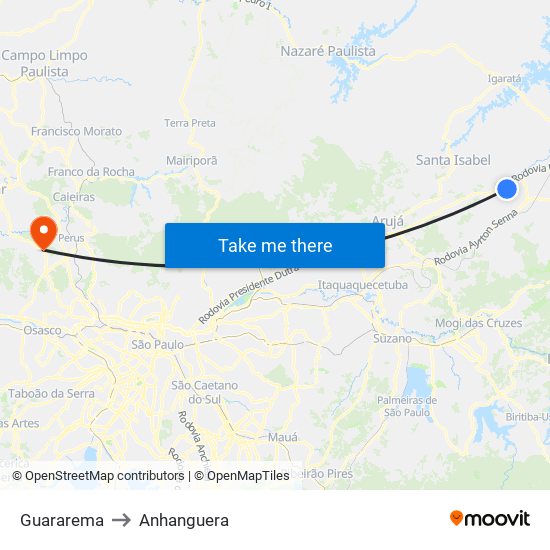 Guararema to Anhanguera map