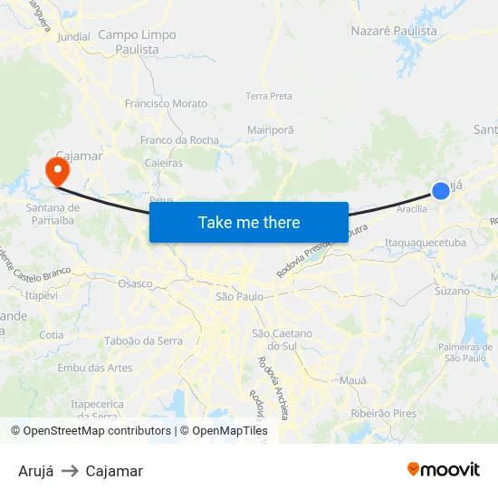 Arujá to Cajamar map