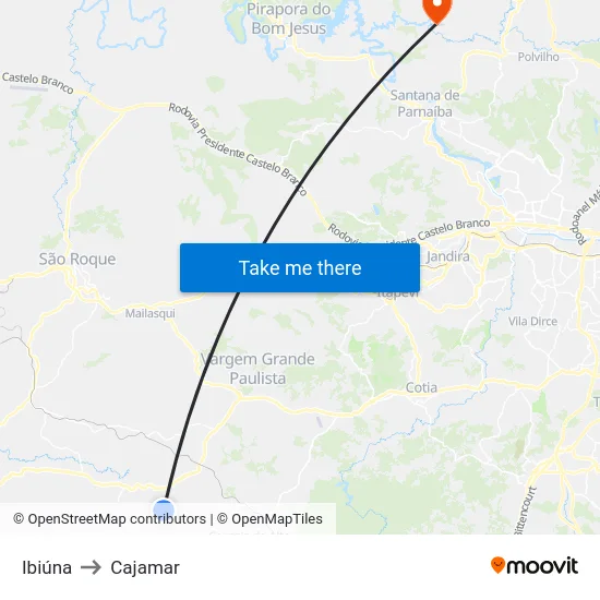 Ibiúna to Cajamar map