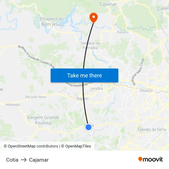 Cotia to Cajamar map