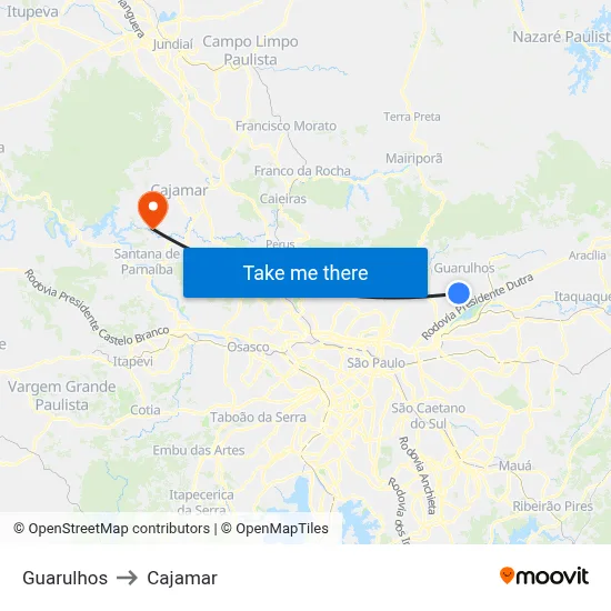 Guarulhos to Cajamar map
