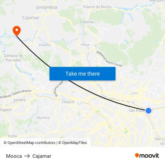 Mooca to Cajamar map