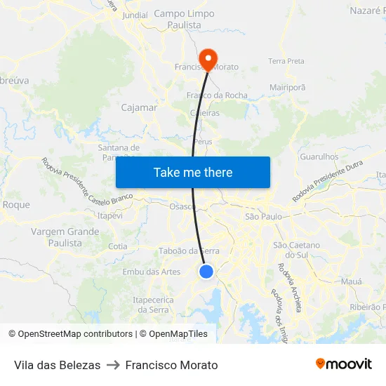 Vila das Belezas to Francisco Morato map