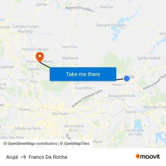Arujá to Franco Da Rocha map