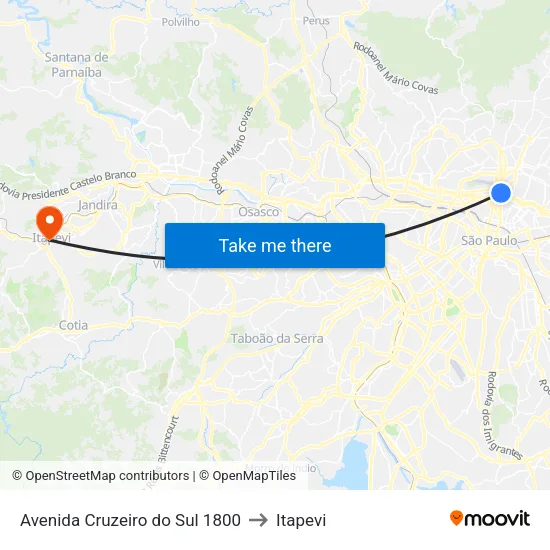 Avenida Cruzeiro do Sul 1800 to Itapevi map