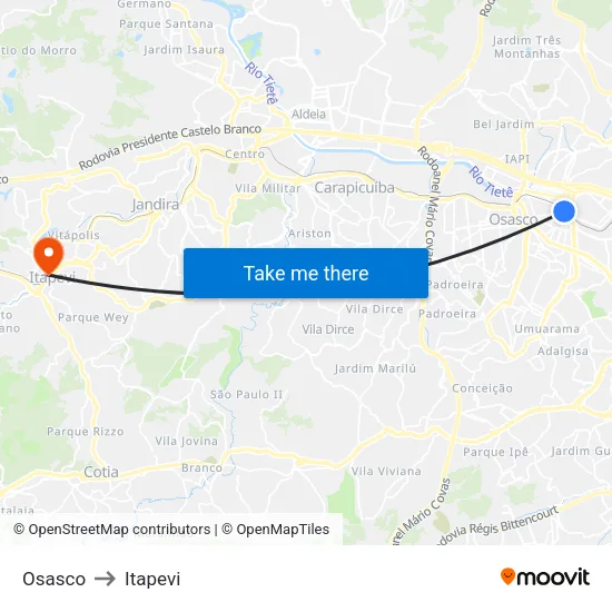 Osasco to Itapevi map