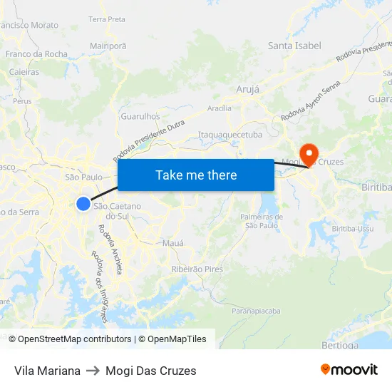Vila Mariana to Mogi Das Cruzes map