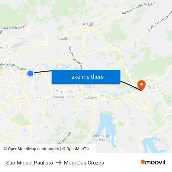 São Miguel Paulista to Mogi Das Cruzes map