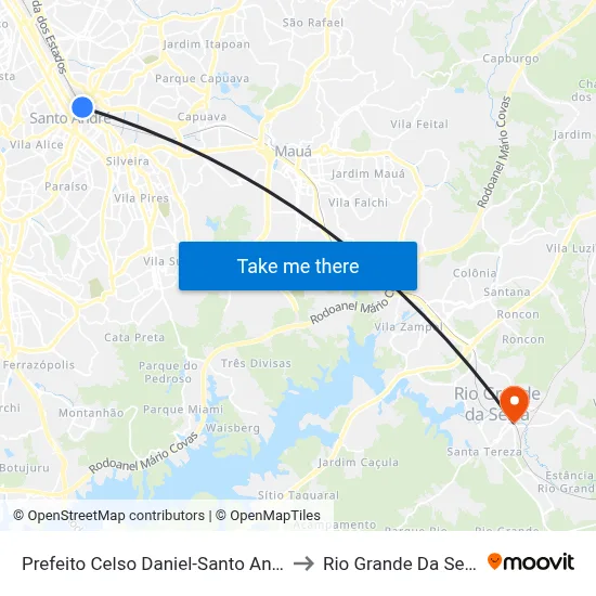 Prefeito Celso Daniel-Santo André to Rio Grande Da Serra map