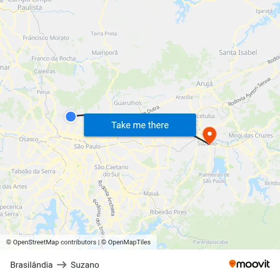 Brasilândia to Suzano map