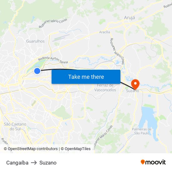 Cangaíba to Suzano map