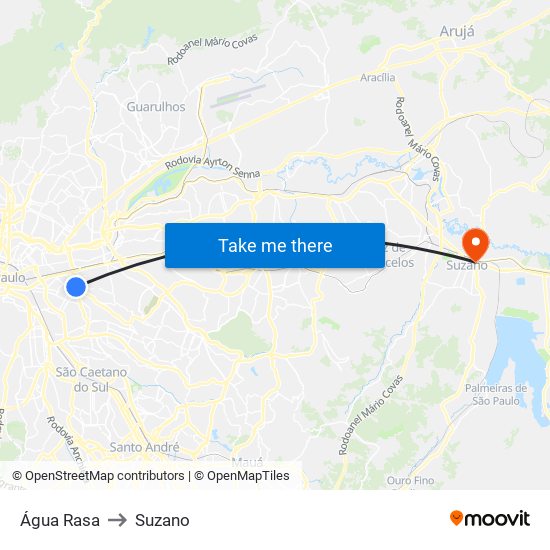 Água Rasa to Suzano map