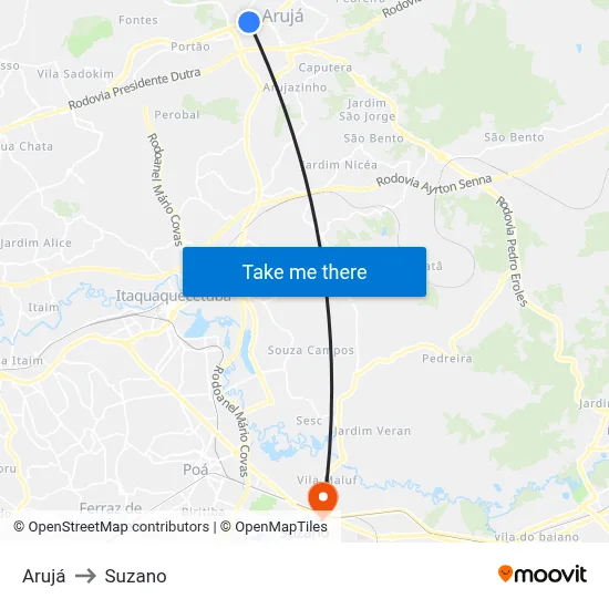 Arujá to Suzano map
