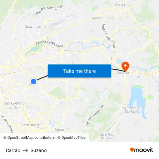 Carrão to Suzano map
