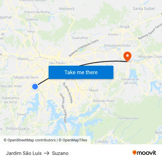 Jardim São Luís to Suzano map