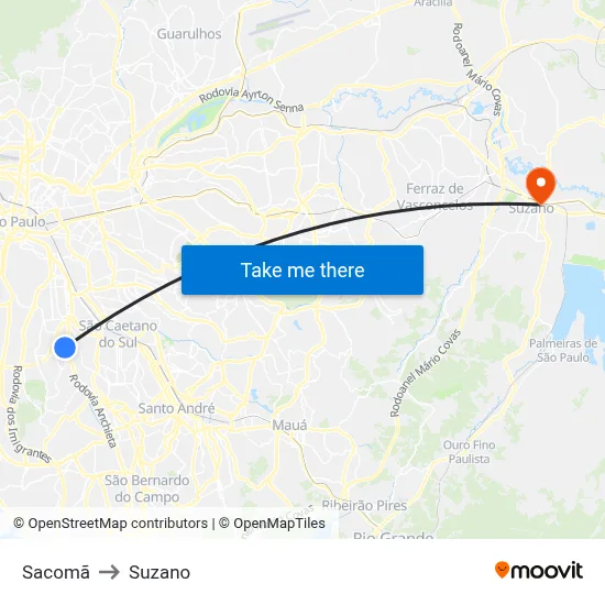 Sacomã to Suzano map