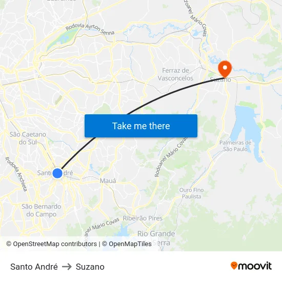 Santo André to Suzano map