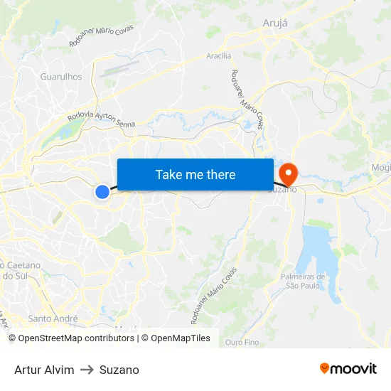 Artur Alvim to Suzano map
