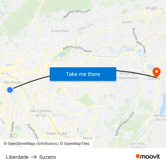 Liberdade to Suzano map