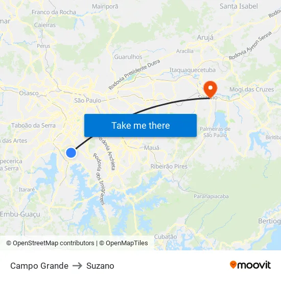 Campo Grande to Suzano map