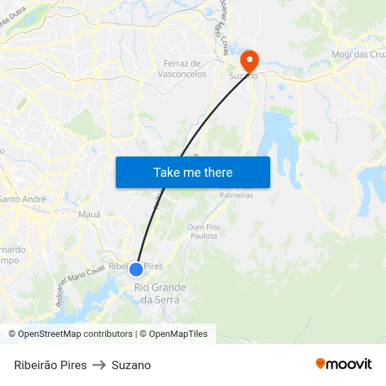 Ribeirão Pires to Suzano map