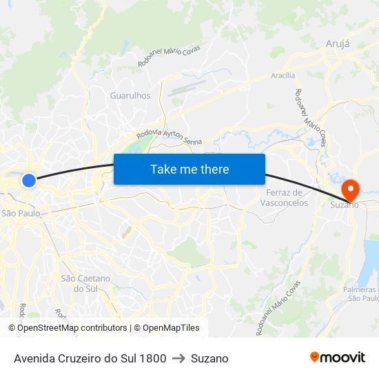 Avenida Cruzeiro do Sul 1800 to Suzano map