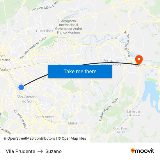 Vila Prudente to Suzano map
