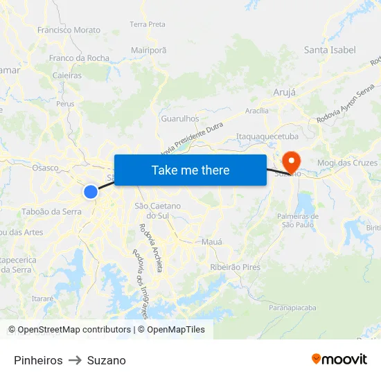 Pinheiros to Suzano map