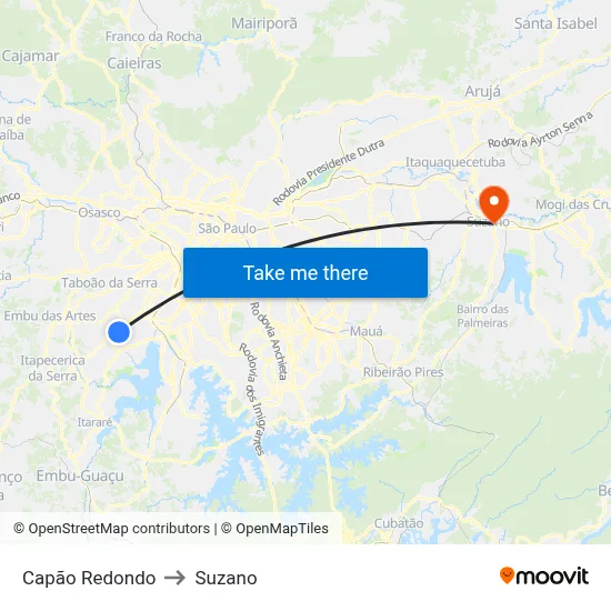 Capão Redondo to Suzano map