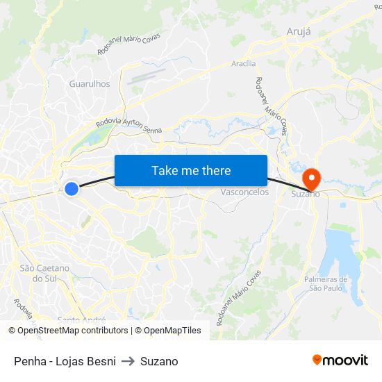 Penha - Lojas Besni to Suzano map