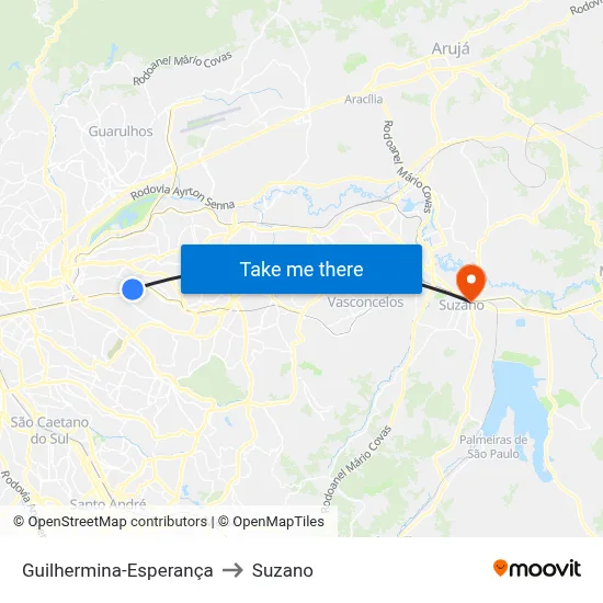 Guilhermina-Esperança to Suzano map