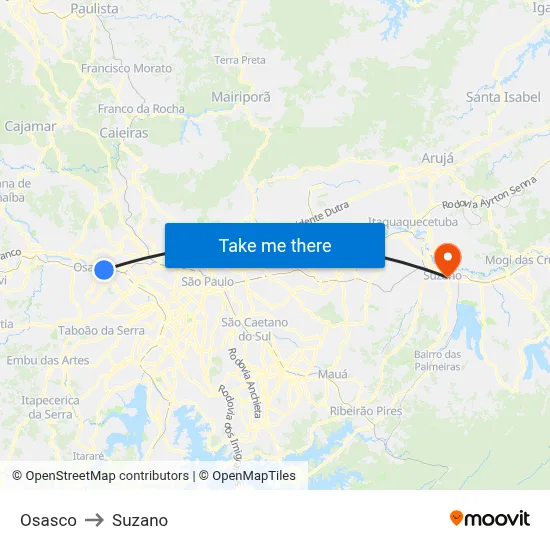 Osasco to Suzano map
