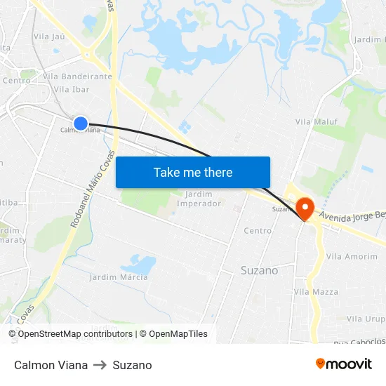 Calmon Viana to Suzano map