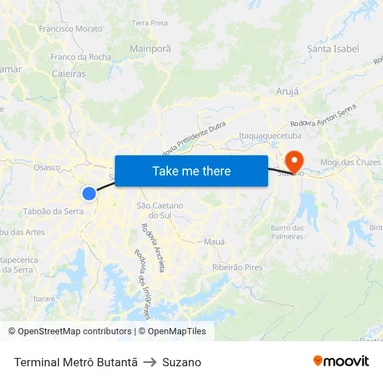 Terminal Metrô Butantã to Suzano map