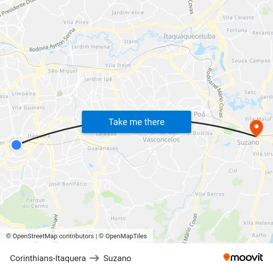 Corinthians-Itaquera to Suzano map
