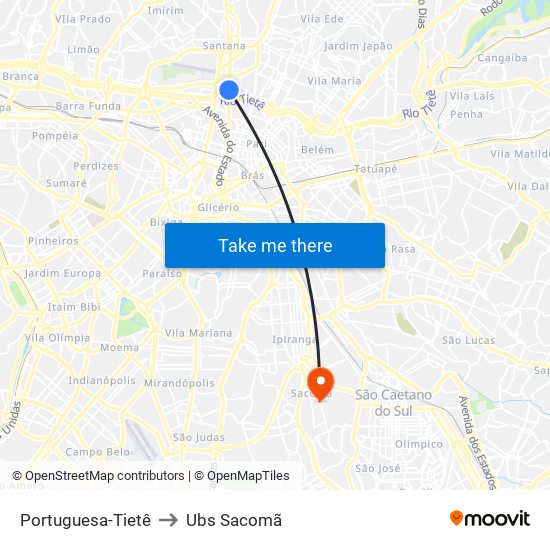 Portuguesa-Tietê to Ubs Sacomã map