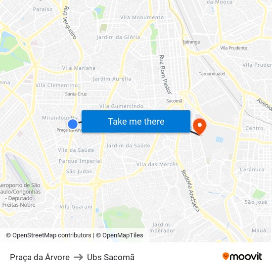 Praça da Árvore to Ubs Sacomã map