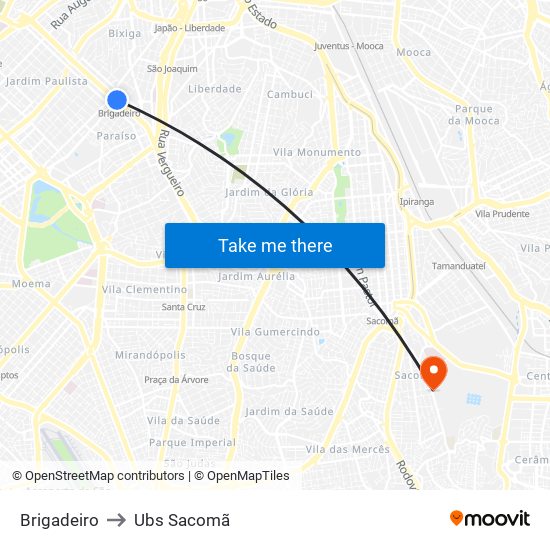 Brigadeiro to Ubs Sacomã map