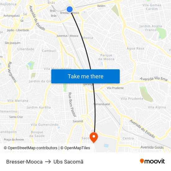 Bresser-Mooca to Ubs Sacomã map