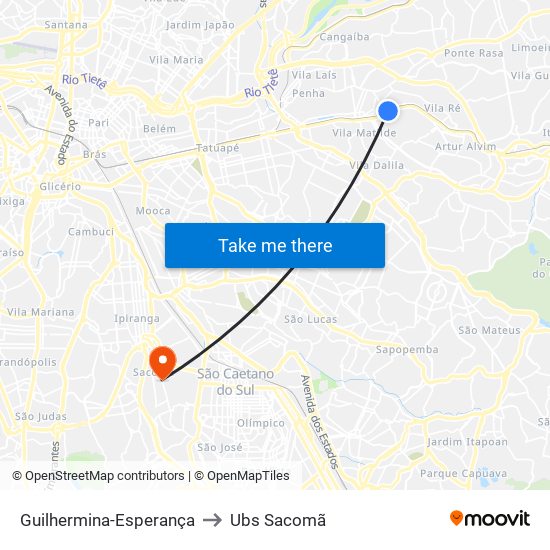 Guilhermina-Esperança to Ubs Sacomã map