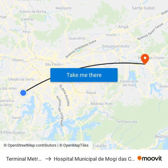 Terminal Metro Capão Redondo to Hospital Municipal de Mogi das Cruzes Prefeito Waldemar Costa Filho map