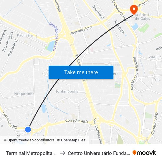 Terminal Metropolitano Piraporinha to Centro Universitário Fundação Santo André map