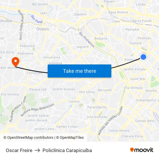 Oscar Freire to Policlínica Carapicuíba map