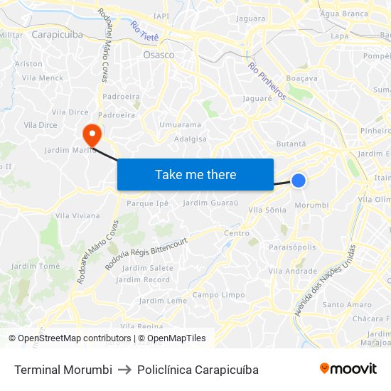 Terminal Morumbi to Policlínica Carapicuíba map