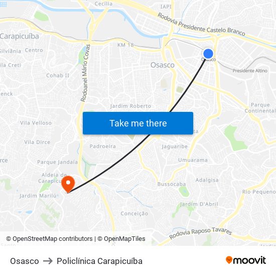 Osasco to Policlínica Carapicuíba map