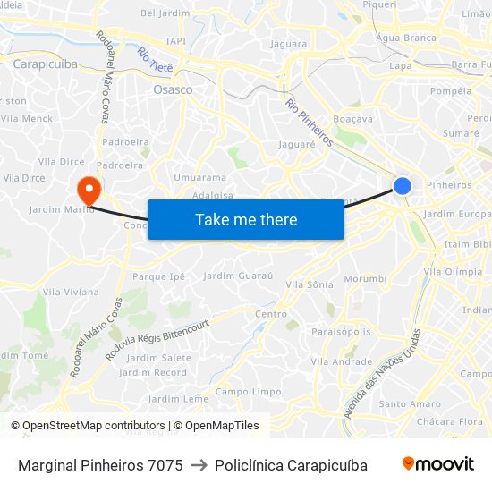 Marginal Pinheiros 7075 to Policlínica Carapicuíba map
