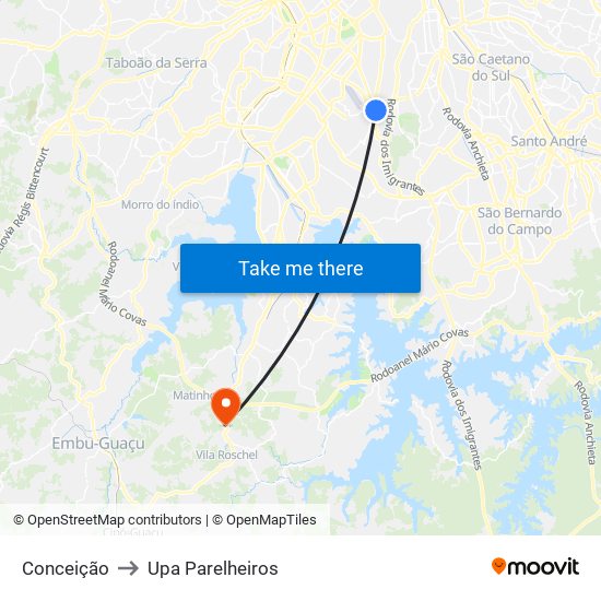 Conceição to Upa Parelheiros map