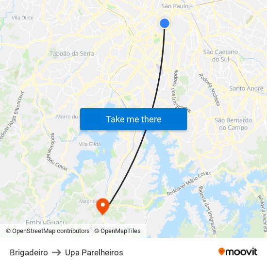 Brigadeiro to Upa Parelheiros map