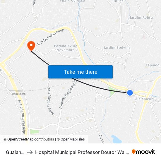 Guaianases to Hospital Municipal Professor Doutor Waldomiro de Paula map