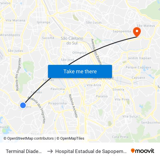 Terminal Diadema to Hospital Estadual de Sapopemba map